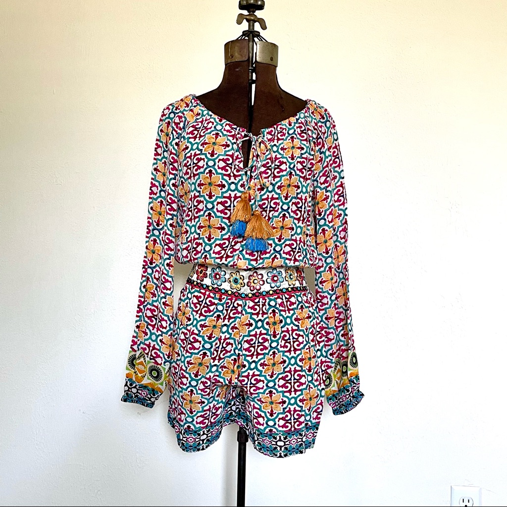 Boston Proper Multicolor Romper Women Size Xs Long Sleeve Mirrored Festival